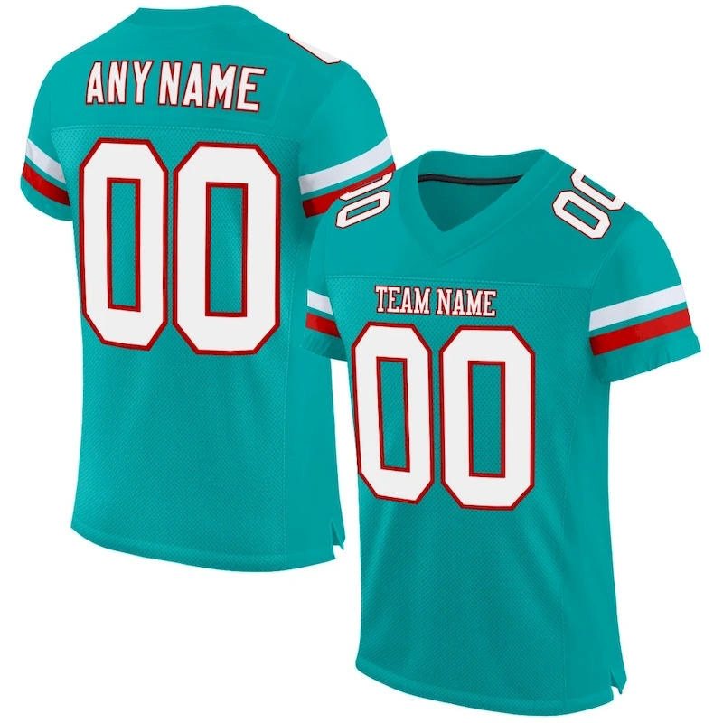 Aqua0064.webp Custom Aqua White-Red Mesh Authentic Football Jersey - Image 1