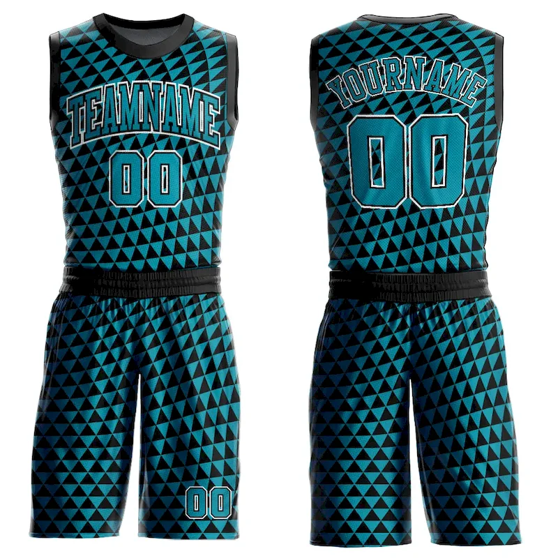 BSuit0130.webp Custom Teal Black-White Triangle Shapes Round Neck Sublimation Basketball Suit Jersey - Image 1