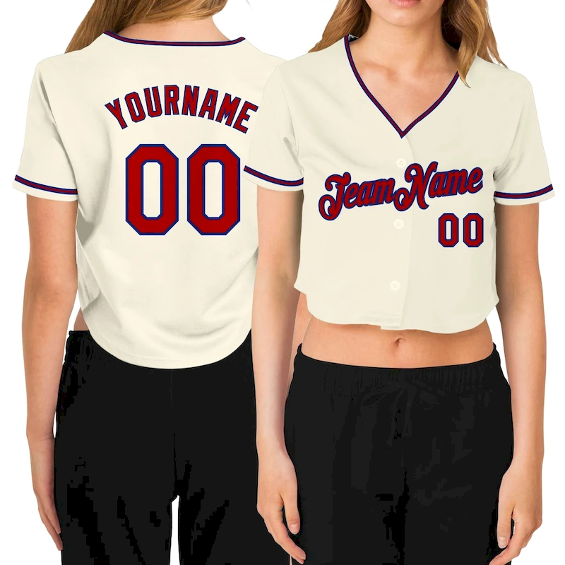 Cropped0180.webp Custom Women's Cream Red-Royal V-Neck Cropped Baseball Jersey - Image 1