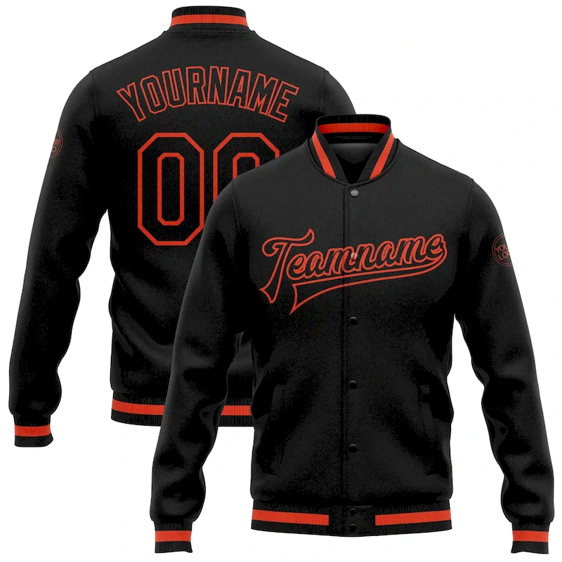 Jacket0019.webp Custom Black Black-Orange Bomber Full-Snap Varsity Letterman Jacket - Image 1