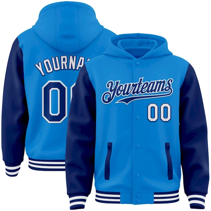 Jacket4701.webp Custom Powder Blue Royal-White Bomber Full-Snap Varsity Letterman Two Tone Hoodie Jacket - Image 1